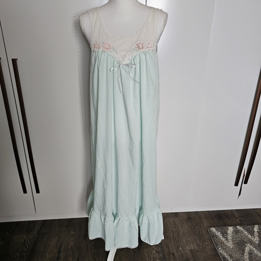 Deena Pale Blue Vintage Nightgown With Pink Flowers Lace Women's Size L